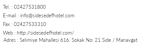 Side Sedef Hotel telefon numaralar, faks, e-mail, posta adresi ve iletiim bilgileri